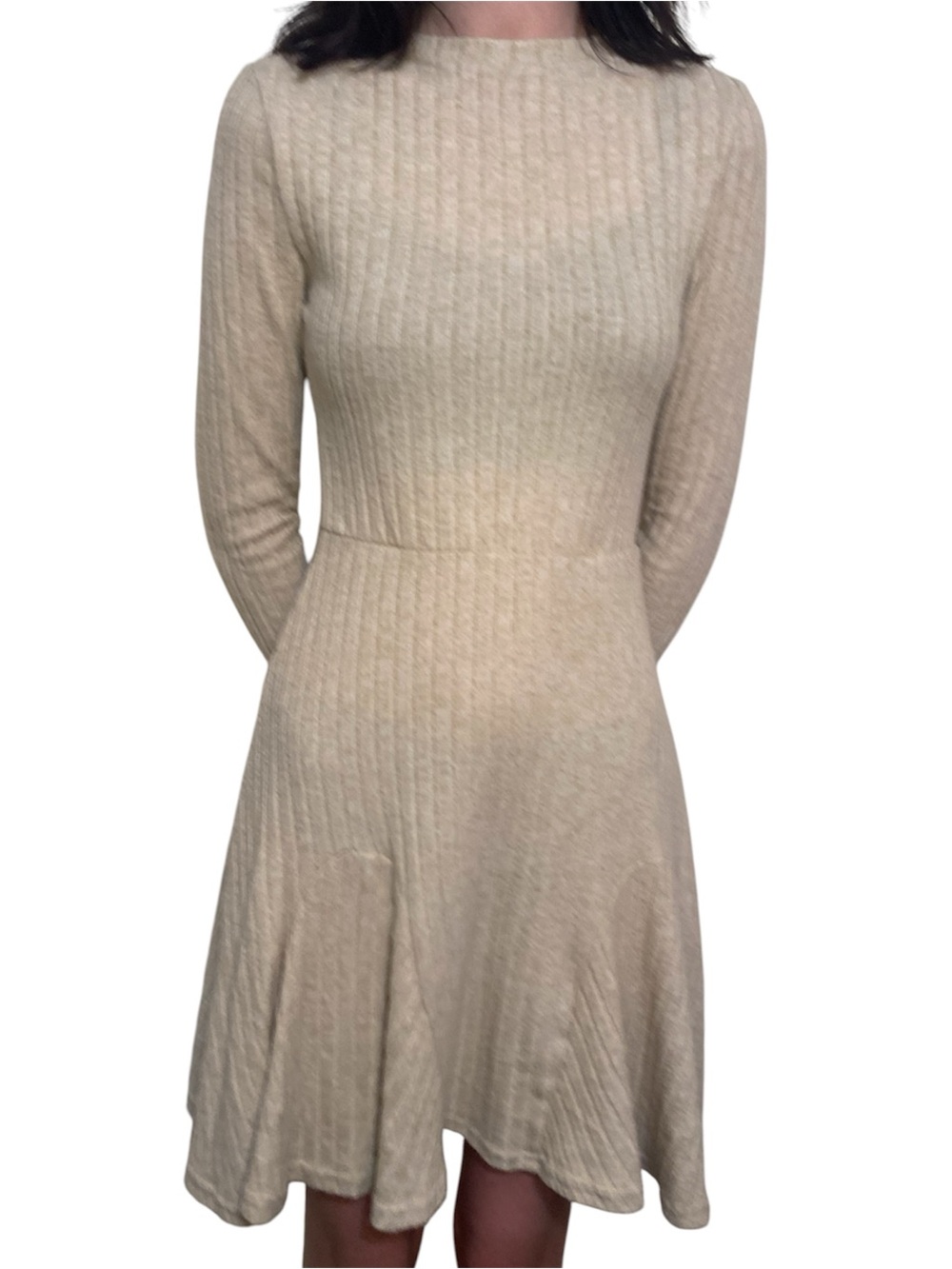 SHEIN Cream Ribbed Long Sleeve Fit-and-Flare Knit Dress size XS ultra soft fall